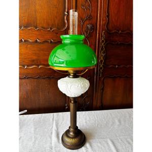 Brass Countertop Kerosene Lamp With Green And White Opaline Glass – Circa 1925