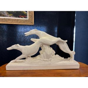Charles Lemanceau – Two Greyhounds In Crackled Earthenware – Saint-clément – Art Deco, Circa 1930–194