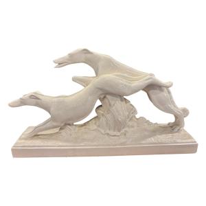 Charles Lemanceau – Two Greyhounds In Crackled Earthenware – Saint-clément – Art Deco, Circa 1930–194