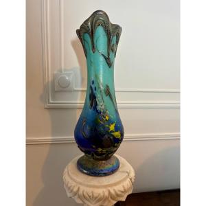 Pascal Guyot à Biot – Important vase en verre soufflé irisé, esprit Art nouveau 