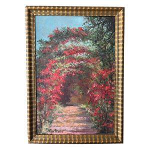Huile sur panneau – Chemin de campagne fleuri – Signée Gallais – Vers 1940-1950
