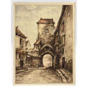 Original Watercolor By émile Gallois (1882–1965) – View Of A Medieval City