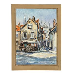 émile Gallois (1882–1965) – View Of Chartres: Rue De La Poissonnerie – Watercolor