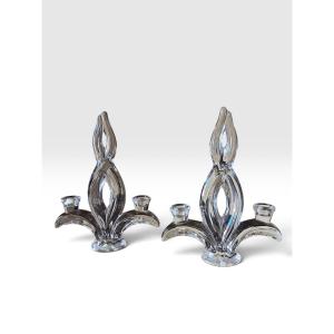 Pair Of Crystal Candlesticks From Vannes-le-chatel, Lorraine