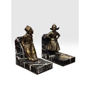 Pair Of Art Deco Bookends – Folk-style Couple Made Of Zamak On Marble