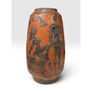 Large Brutalist Ceramic Vase With Relief Decoration—couple, Germany, Ca. 1970