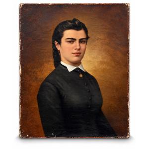 Portrait de jeune femme à l’huile signé Émile Nickels, 1881