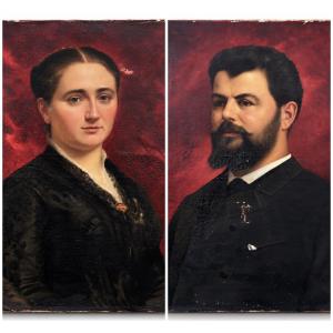 Paire de portraits à l’huile signés Émile Nickels, 1884