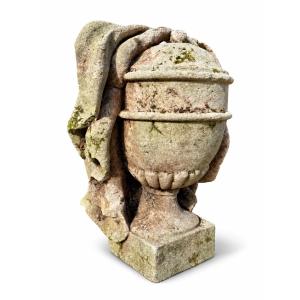 Antique White Limestone Urn From The 19th Century