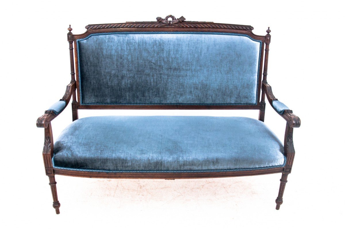 Canapé Antique éclectique En Bleu, Vers 1870. Après Rénovation.-photo-4