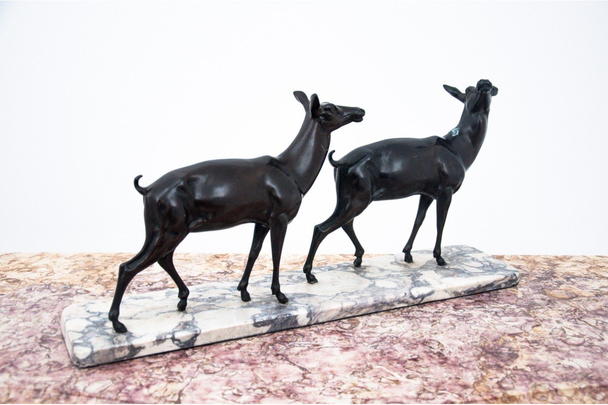Figures En Bronze "deux Biches" Sur Un Socle En Pierre.-photo-3