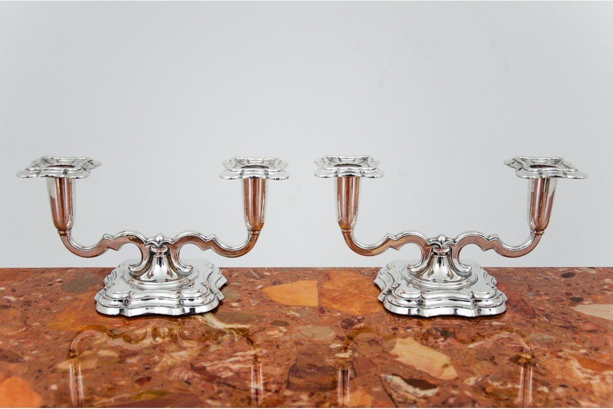 Pair Of Silver Candlesticks With Two Arms, Northern Europe.