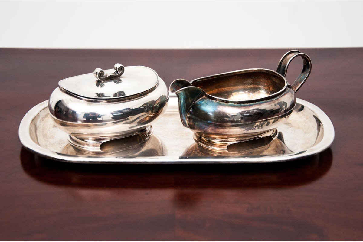 Plateau En Argent Antique Avec Sucrier Et Pot à Lait
