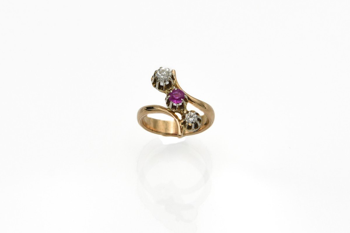 Old French "trilogy" Ring With Ruby And Diamonds 0.34ct-photo-3