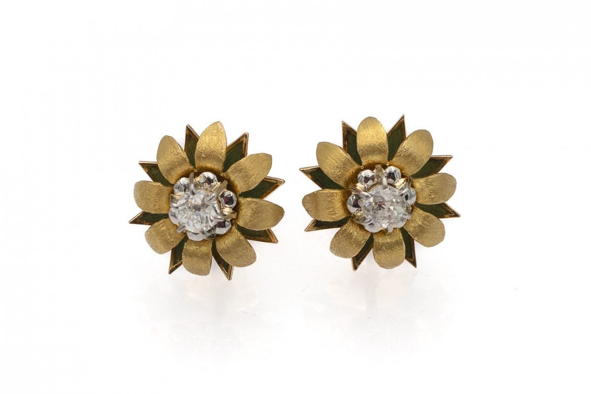 Gold And Diamond Earrings, Circa 1940.
