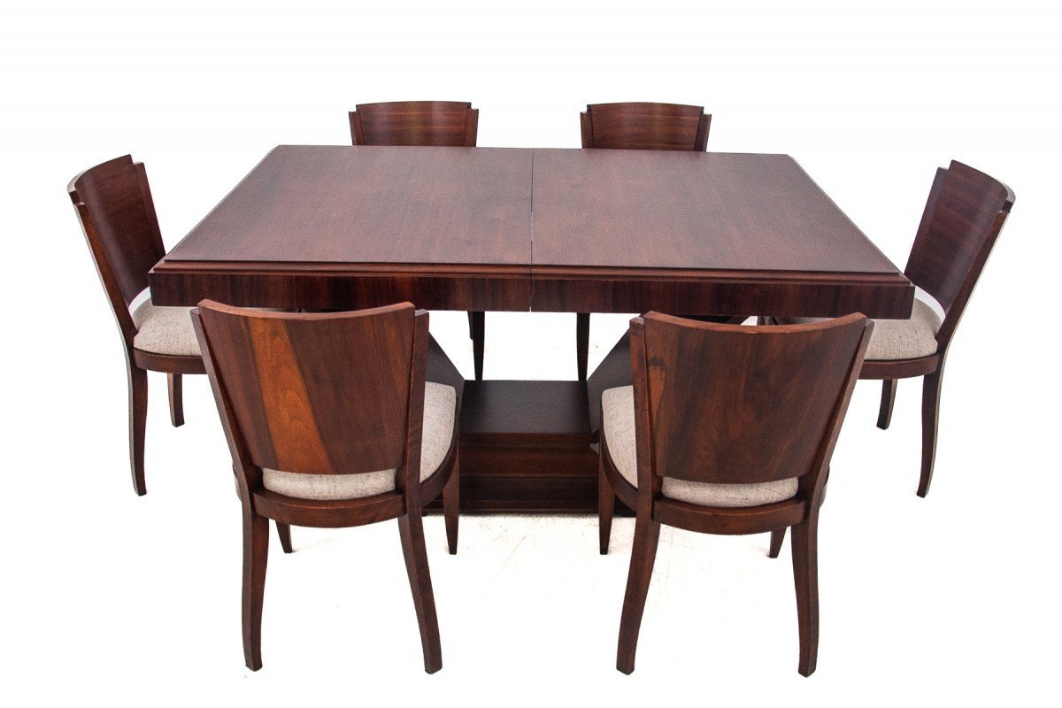 Original Extending Table In Walnut, Designed By Louis Majorelle, With 6 Art Deco Chairs.-photo-3