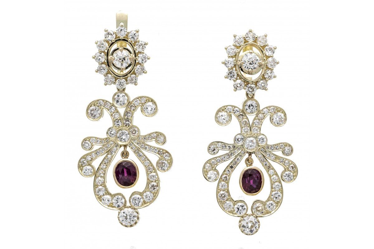 Antique Earrings With Natural Diamonds And Rubies, Russia, Early 20th Century.-photo-2