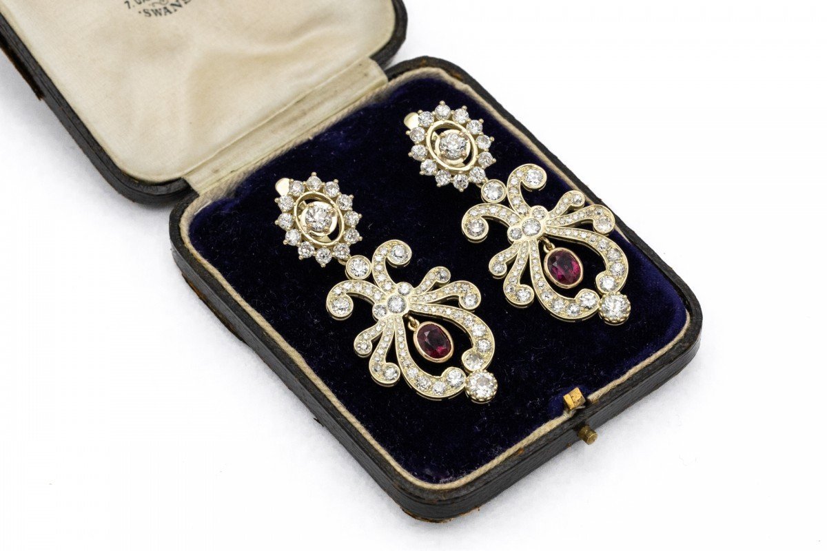 Antique Earrings With Natural Diamonds And Rubies, Russia, Early 20th Century.