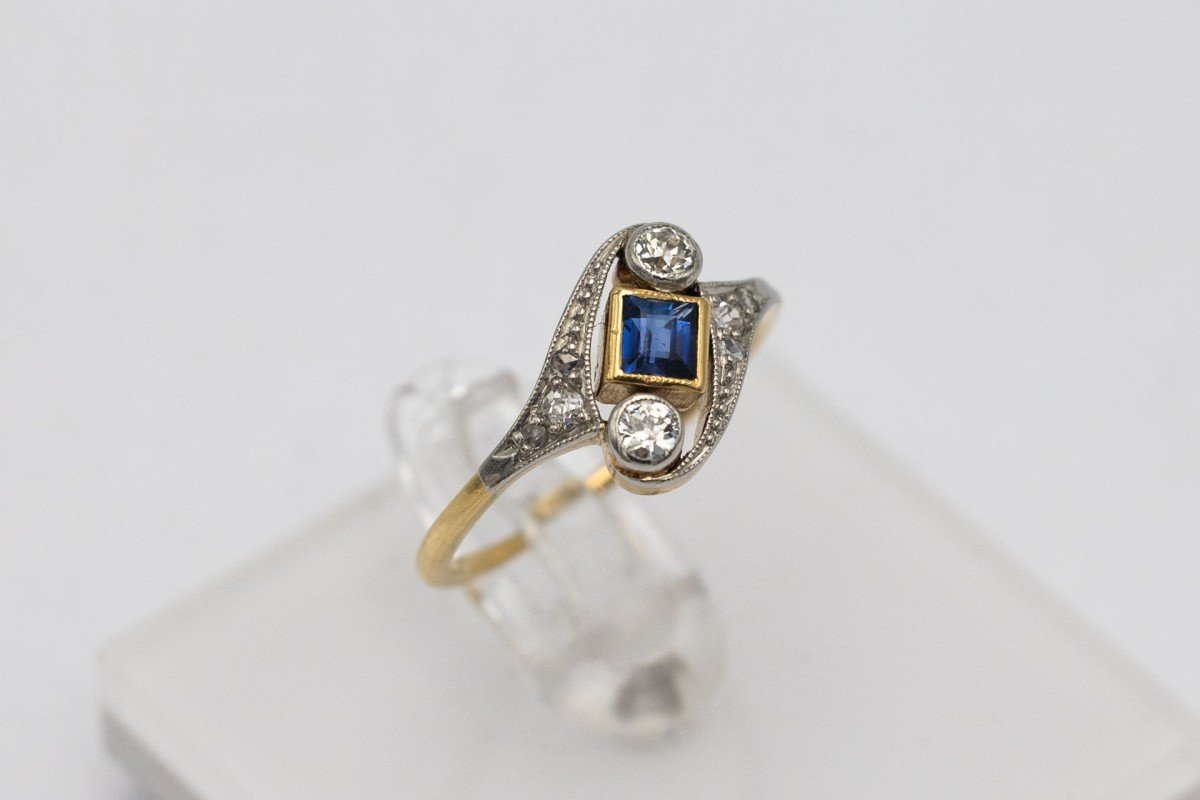 Antique Gold Ring With Natural Sapphire And Diamonds.-photo-4