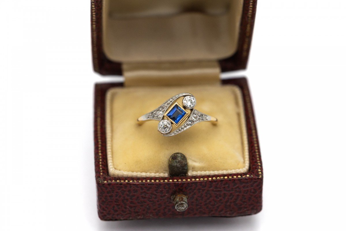 Antique Gold Ring With Natural Sapphire And Diamonds.-photo-6