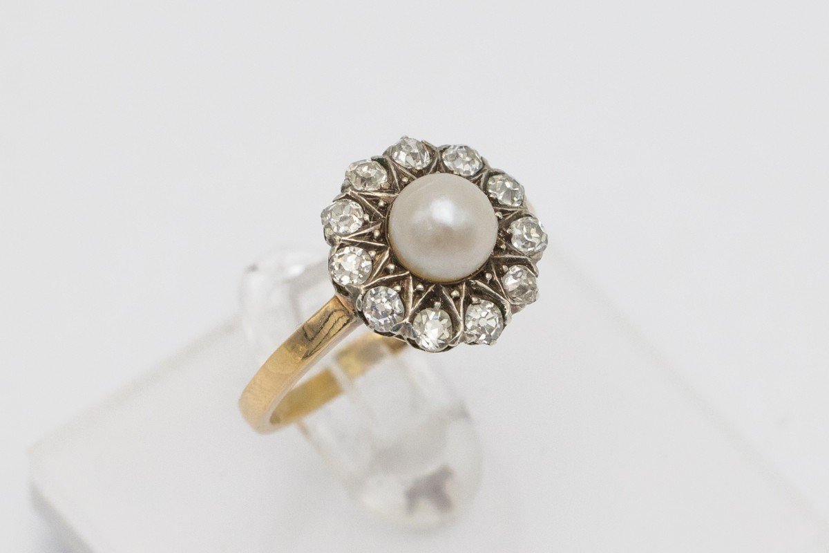 Old Set, Gold Ring And Earrings With Diamonds And Natural Pearls.-photo-5