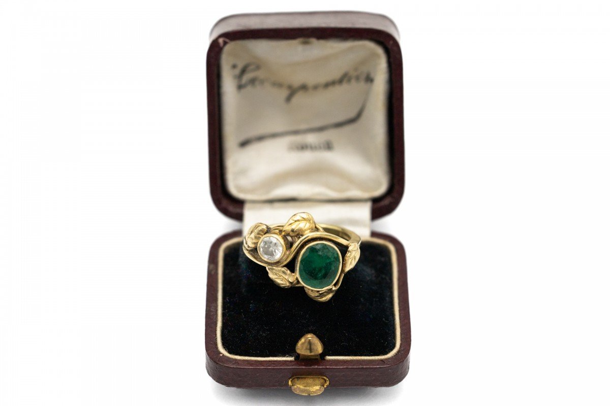 Bague En Or Art Nouveau Avec émeraude Et Diamant, Autriche, Début Du XXe Siècle.-photo-2