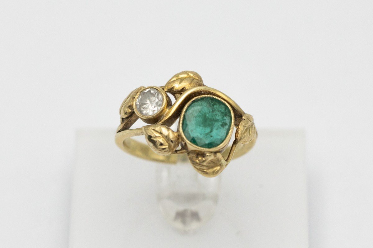 Art Nouveau Gold Ring With Emerald And Diamond, Austria, Early 20th Century.