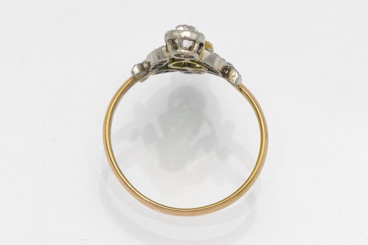 Bague Ancienne En Or Belle Epoque Avec émeraude Et Diamants, France, Vers 1900.-photo-3