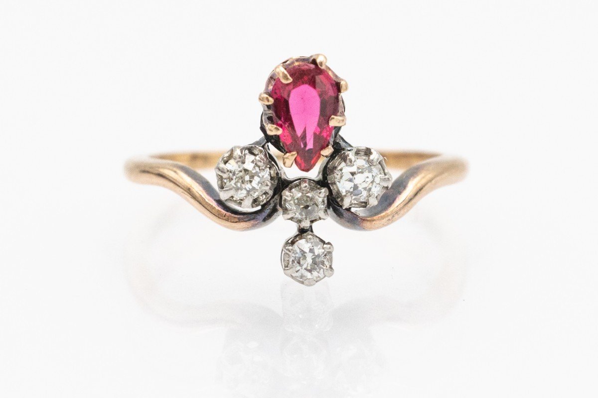 Old Gold Ring With Diamonds And Synthetic Corundum.