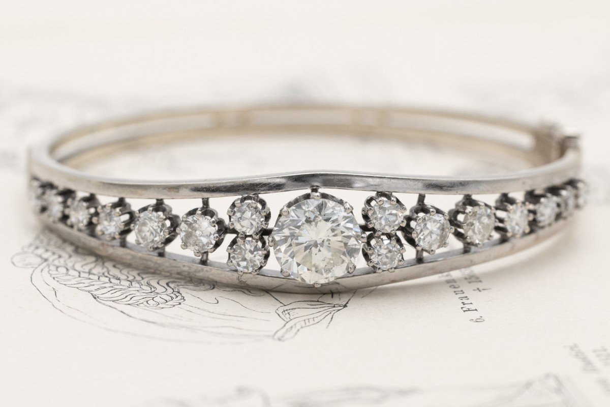 Unique Antique Gold Bracelet With Diamonds, Central Diamond 2.82ct