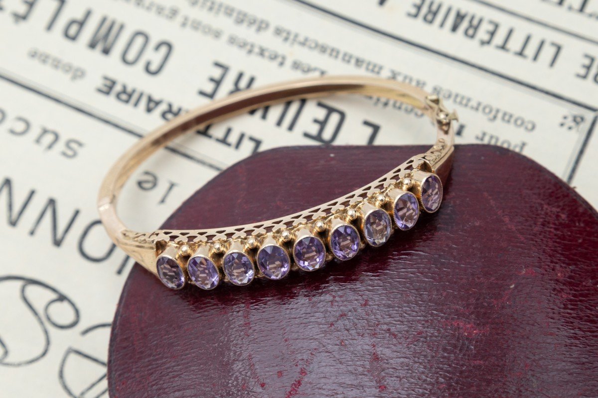 Rigid Gold Bracelet With Amethysts, Netherlands, Mid 20th Century-photo-3