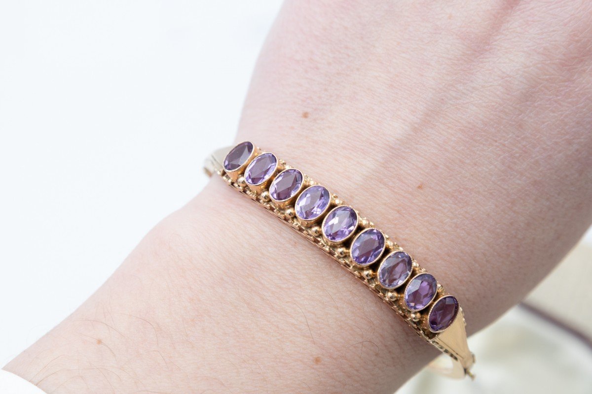 Rigid Gold Bracelet With Amethysts, Netherlands, Mid 20th Century-photo-1