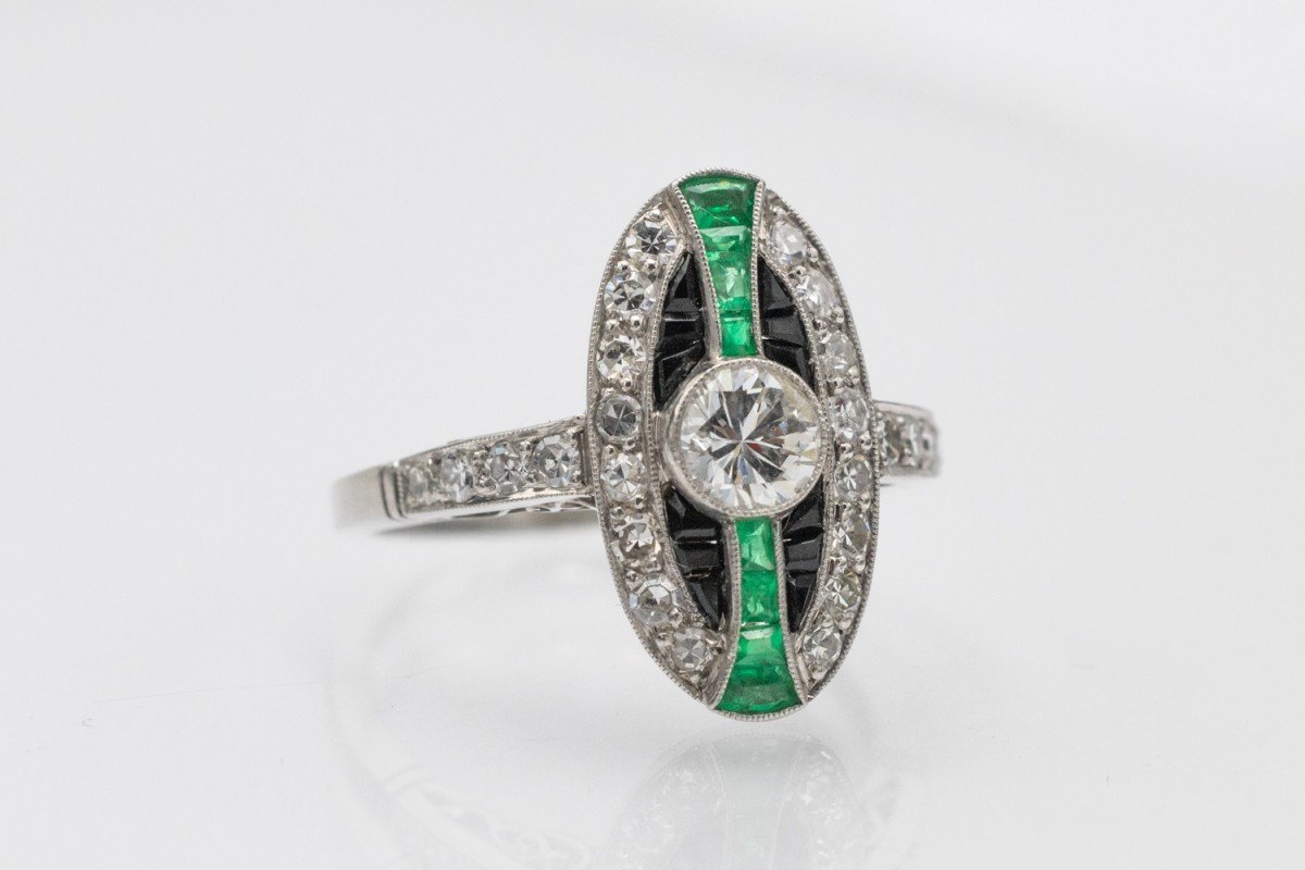 Unique Platinum Ring With Diamonds, Emeralds And Onyx In Art Deco Style.-photo-3