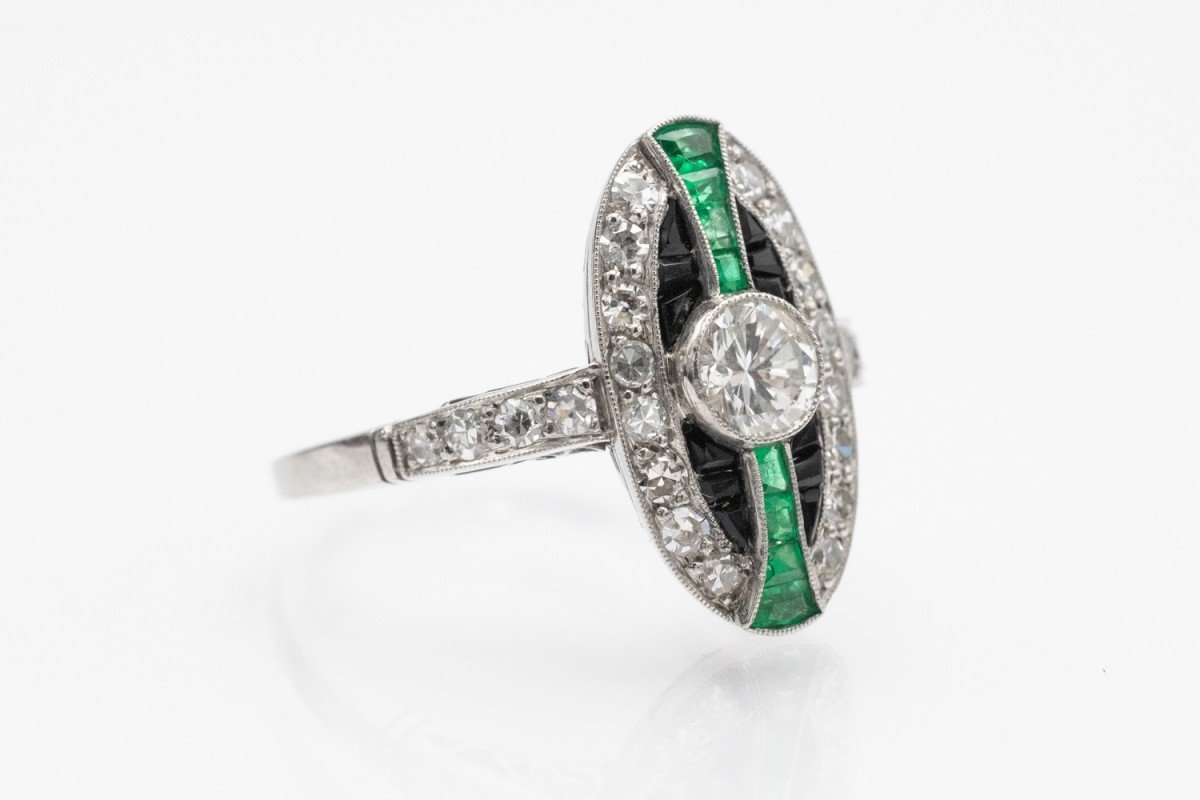Unique Platinum Ring With Diamonds, Emeralds And Onyx In Art Deco Style.-photo-5