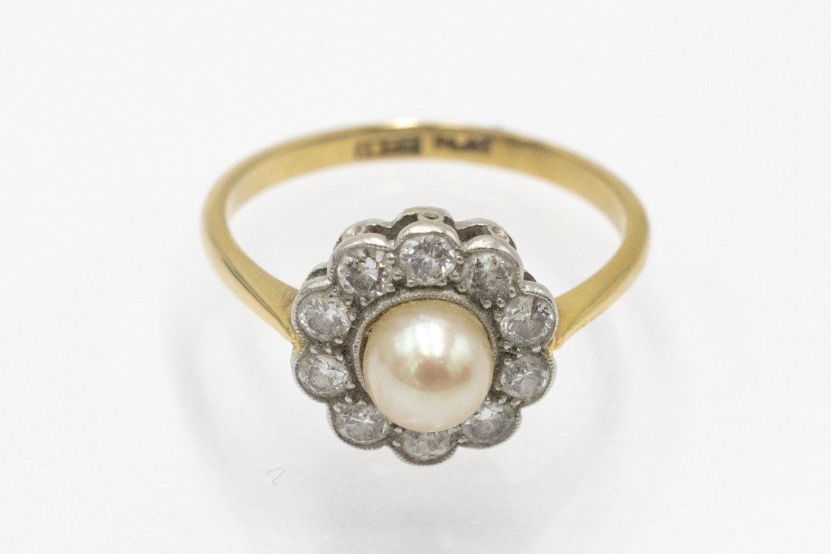 Gold Daisy Ring With Pearl And Diamonds, Early 20th Century.-photo-3