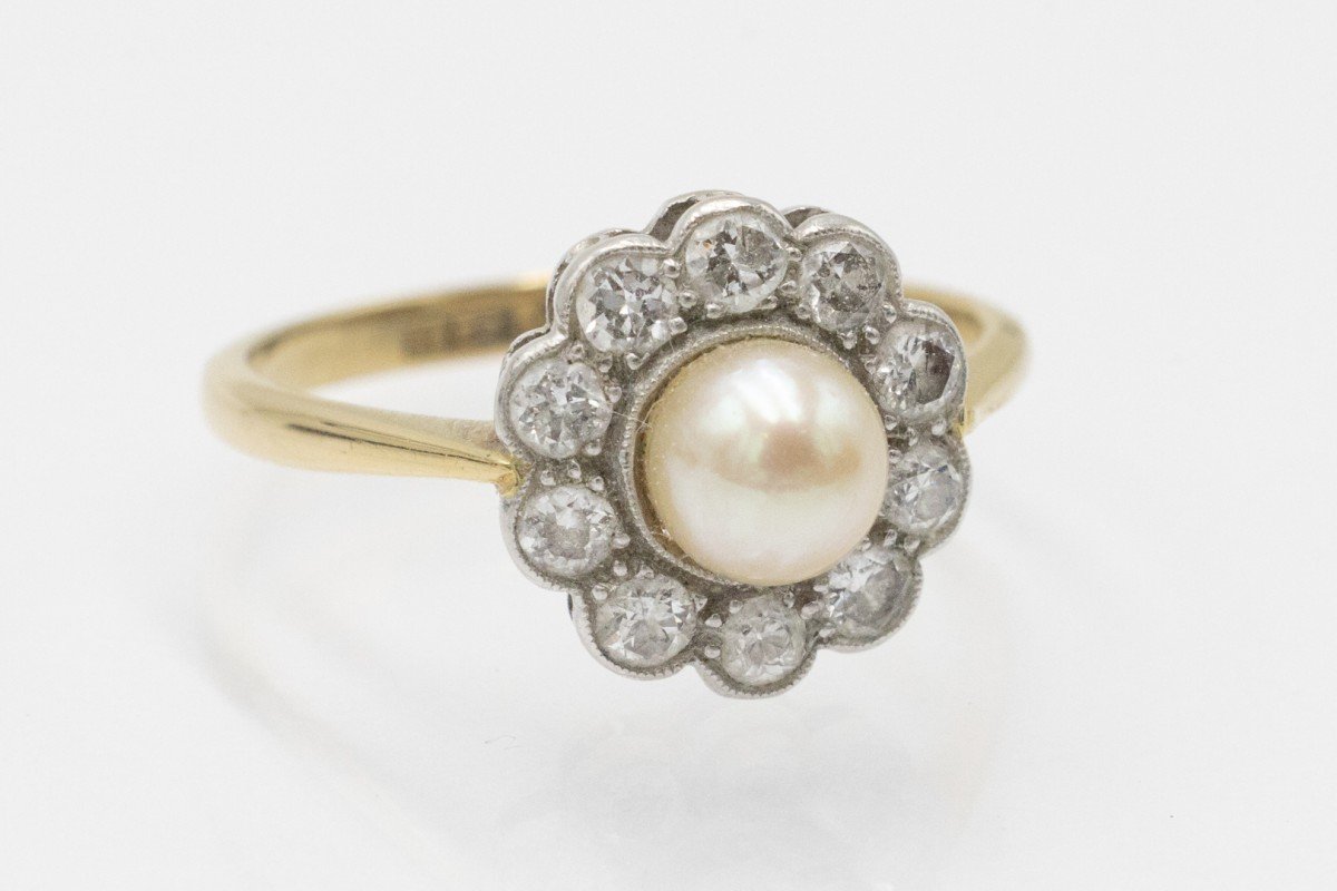 Gold Daisy Ring With Pearl And Diamonds, Early 20th Century.-photo-4