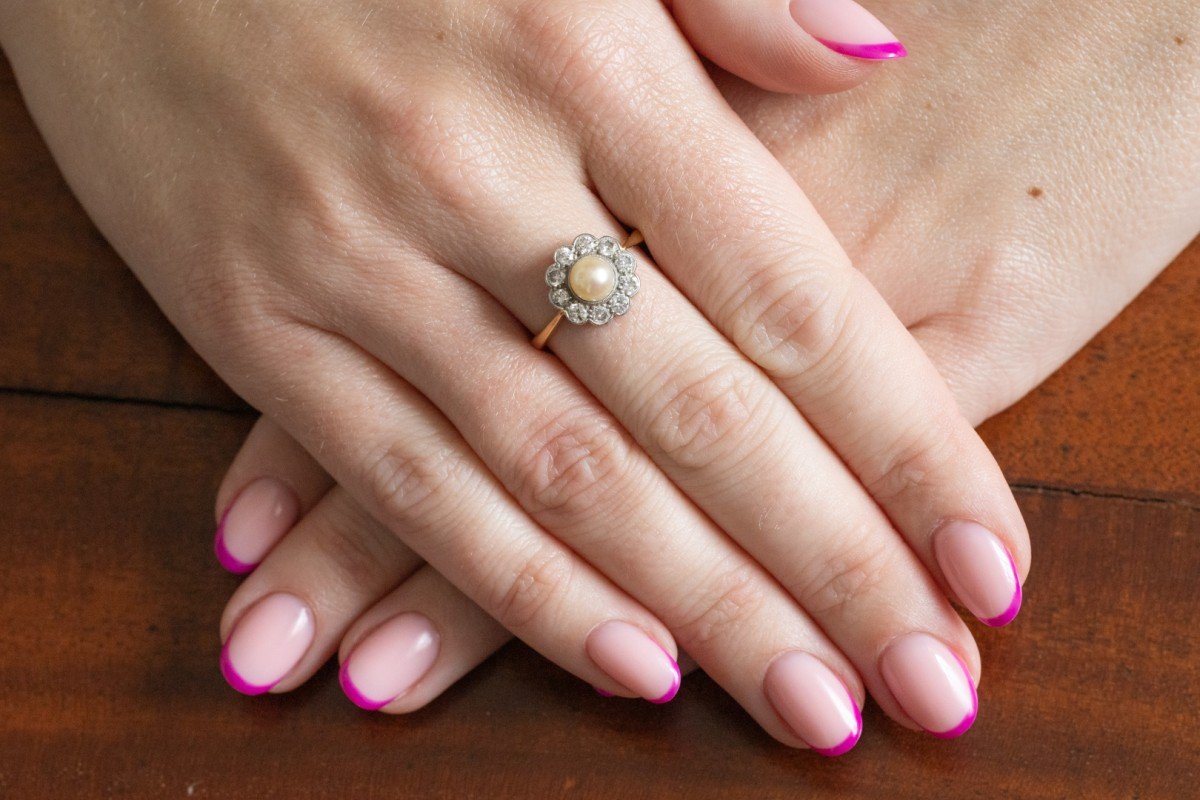 Gold Daisy Ring With Pearl And Diamonds, Early 20th Century.-photo-1