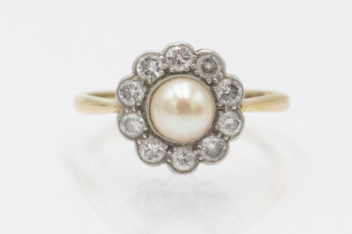 Gold Daisy Ring With Pearl And Diamonds, Early 20th Century.