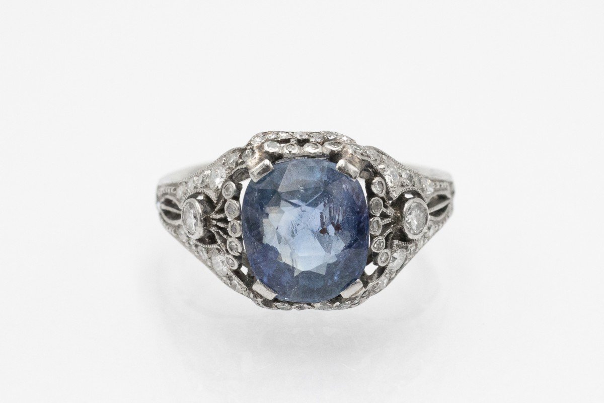 Art Deco Platinum Ring With Impressive Sapphire And Diamonds, 1930s.-photo-2