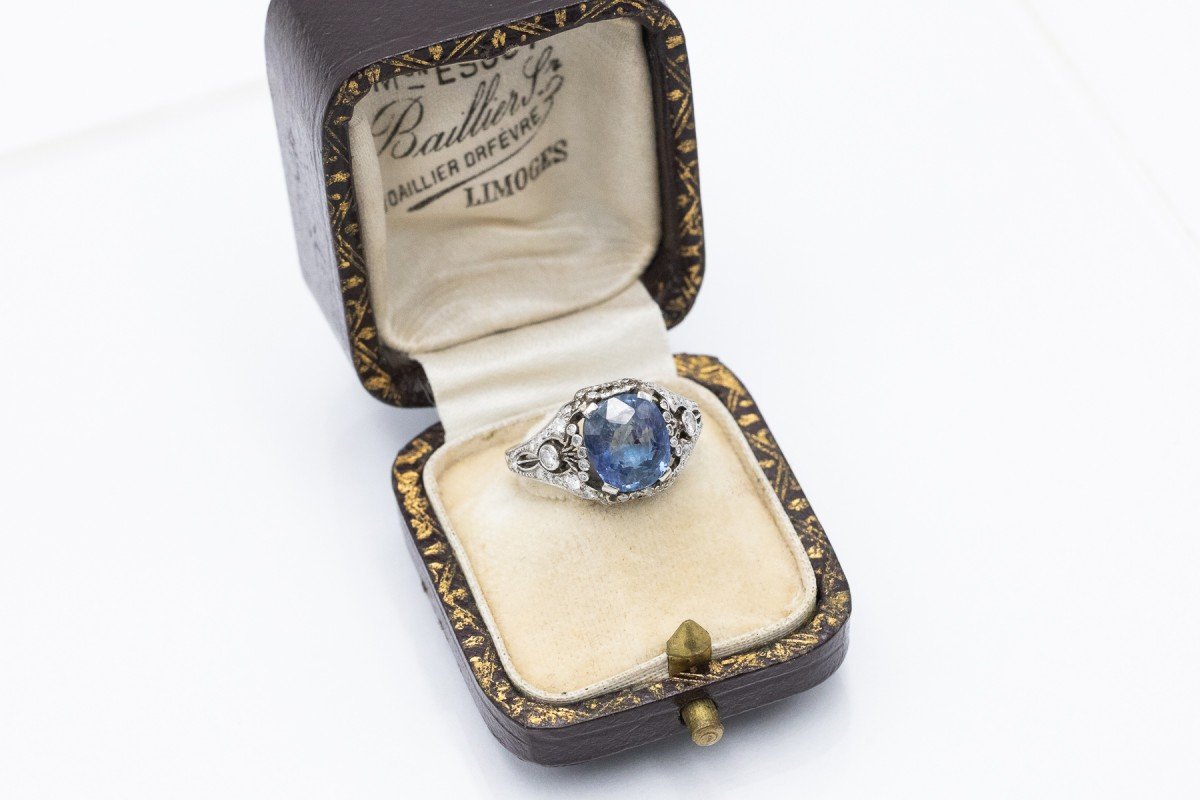 Art Deco Platinum Ring With Impressive Sapphire And Diamonds, 1930s.-photo-3