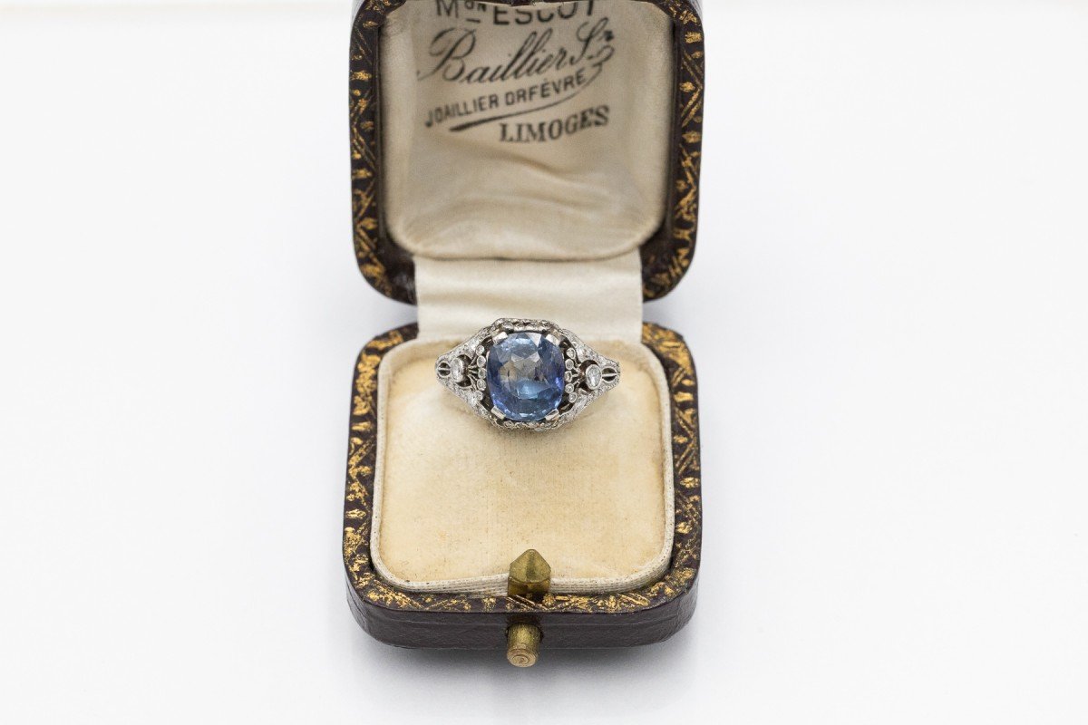 Art Deco Platinum Ring With Impressive Sapphire And Diamonds, 1930s.-photo-4