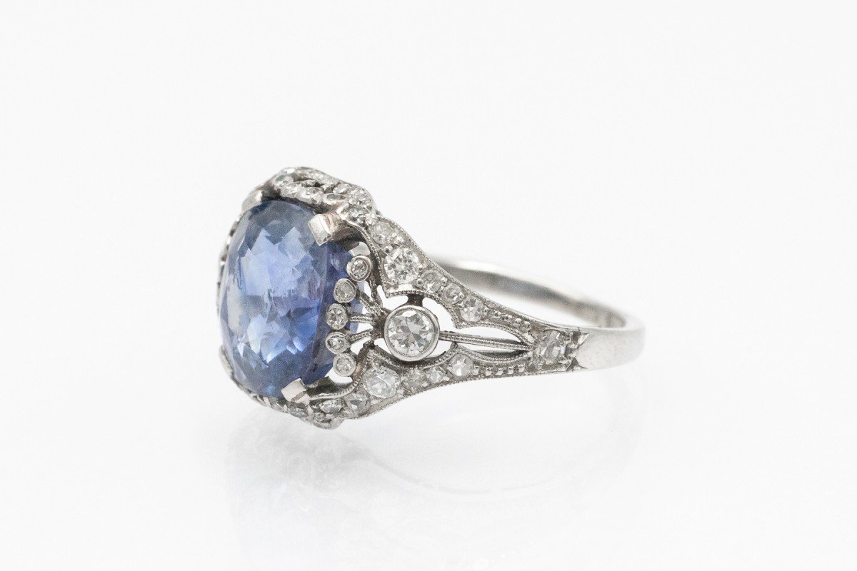 Art Deco Platinum Ring With Impressive Sapphire And Diamonds, 1930s.-photo-2