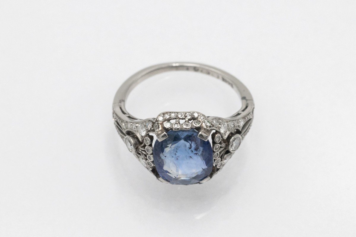 Art Deco Platinum Ring With Impressive Sapphire And Diamonds, 1930s.-photo-3