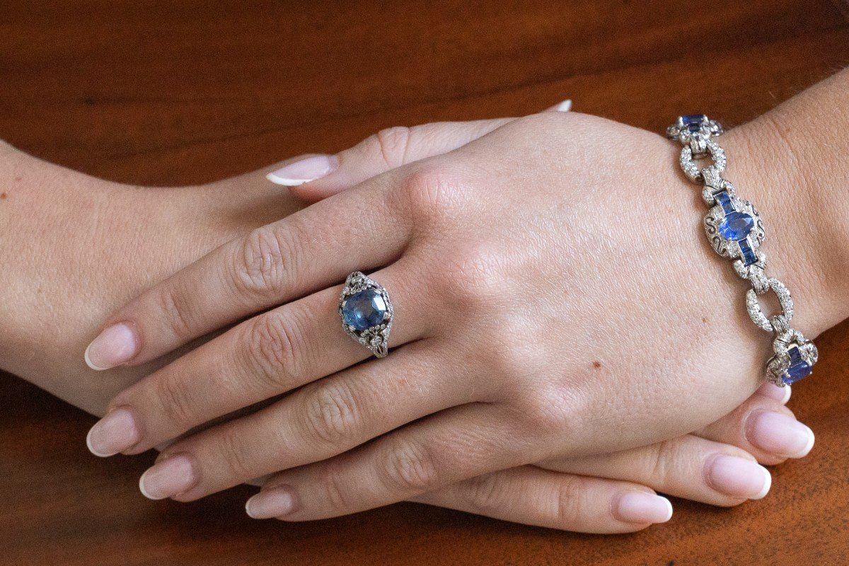 Art Deco Platinum Ring With Impressive Sapphire And Diamonds, 1930s.-photo-5