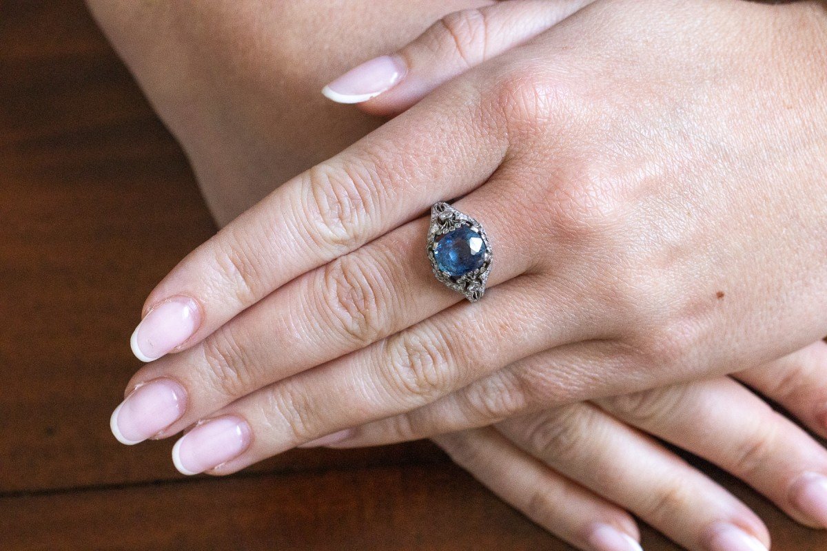 Art Deco Platinum Ring With Impressive Sapphire And Diamonds, 1930s.-photo-6