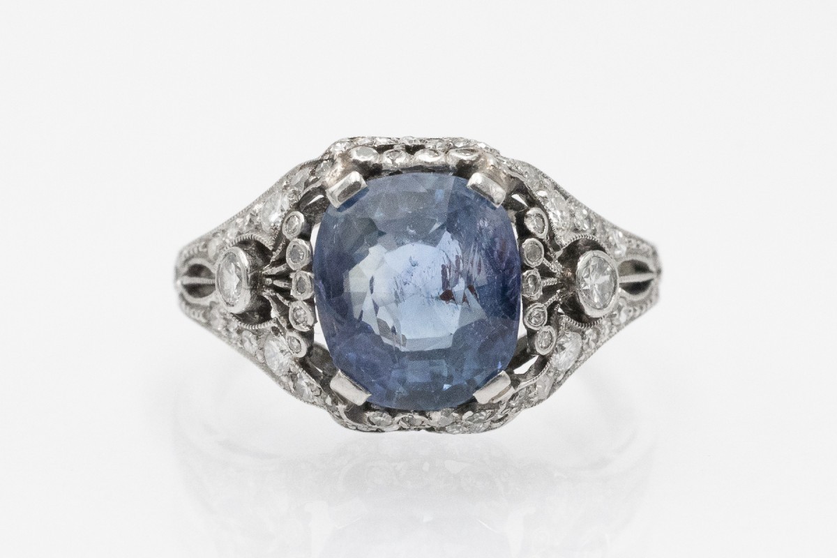 Art Deco Platinum Ring With Impressive Sapphire And Diamonds, 1930s.