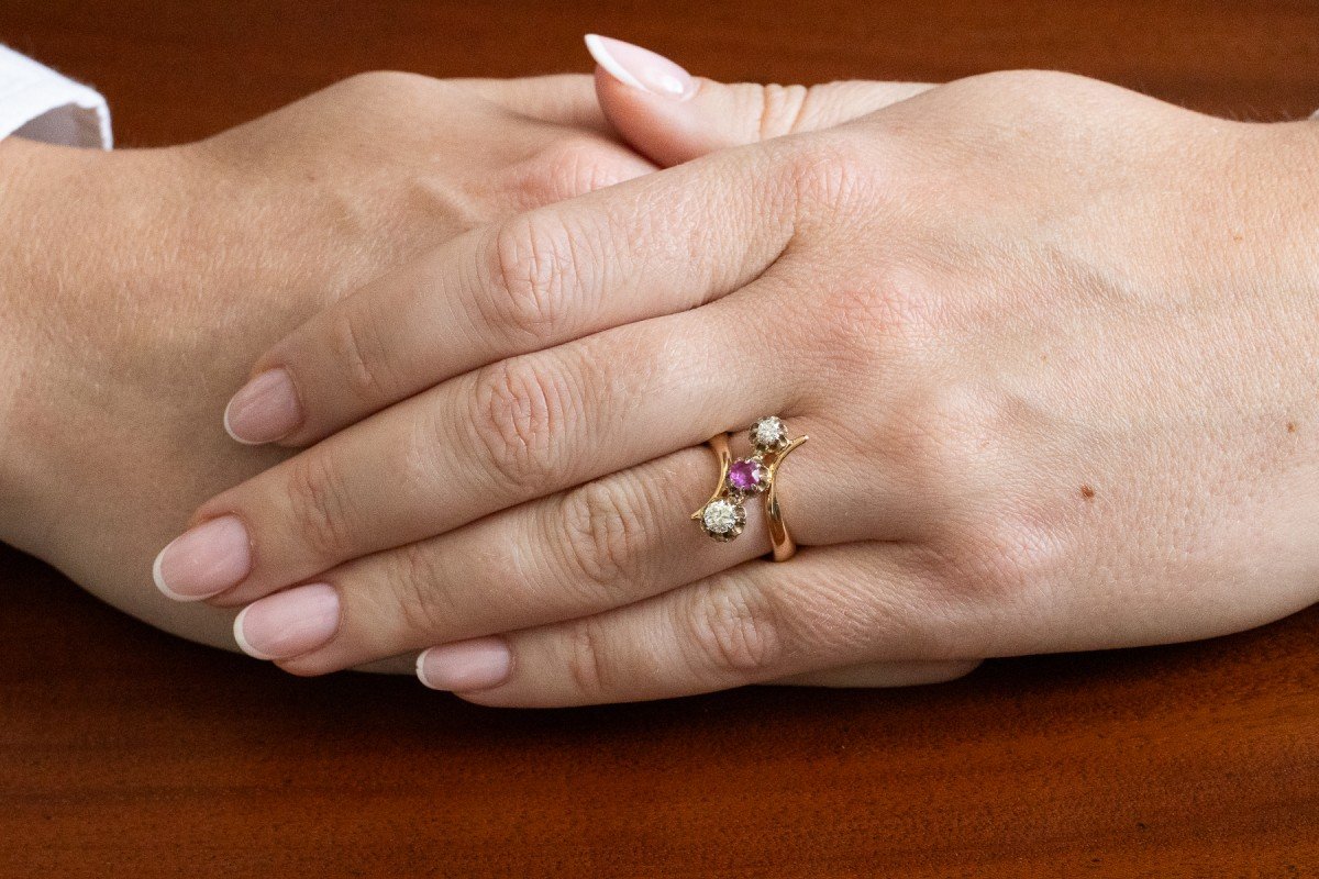 Bague ancienne française trilogie avec rubis et diamants 0,34 ct-photo-4