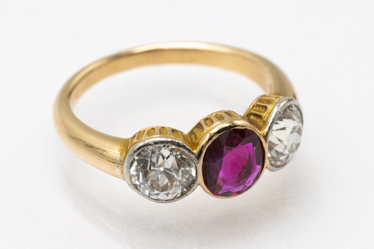 Bague en or et platine avec rubis et diamants taille brillant ancien 1,80 ct-photo-2