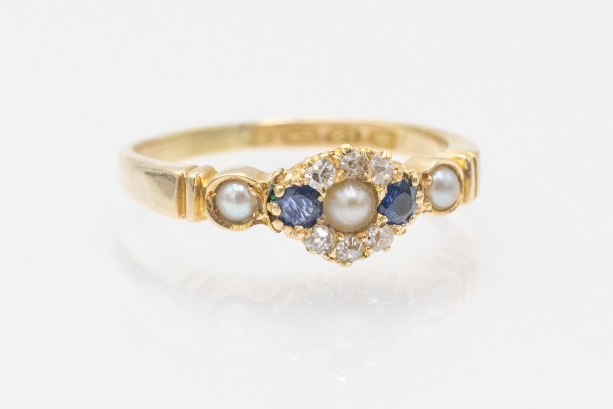 Bague en or avec saphirs, perles et diamants, Grande-Bretagne années 1930.-photo-2
