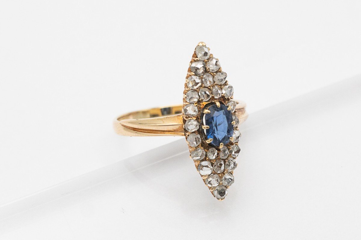 Antique Ring With Sapphire And Marquise-shaped Diamonds-photo-2